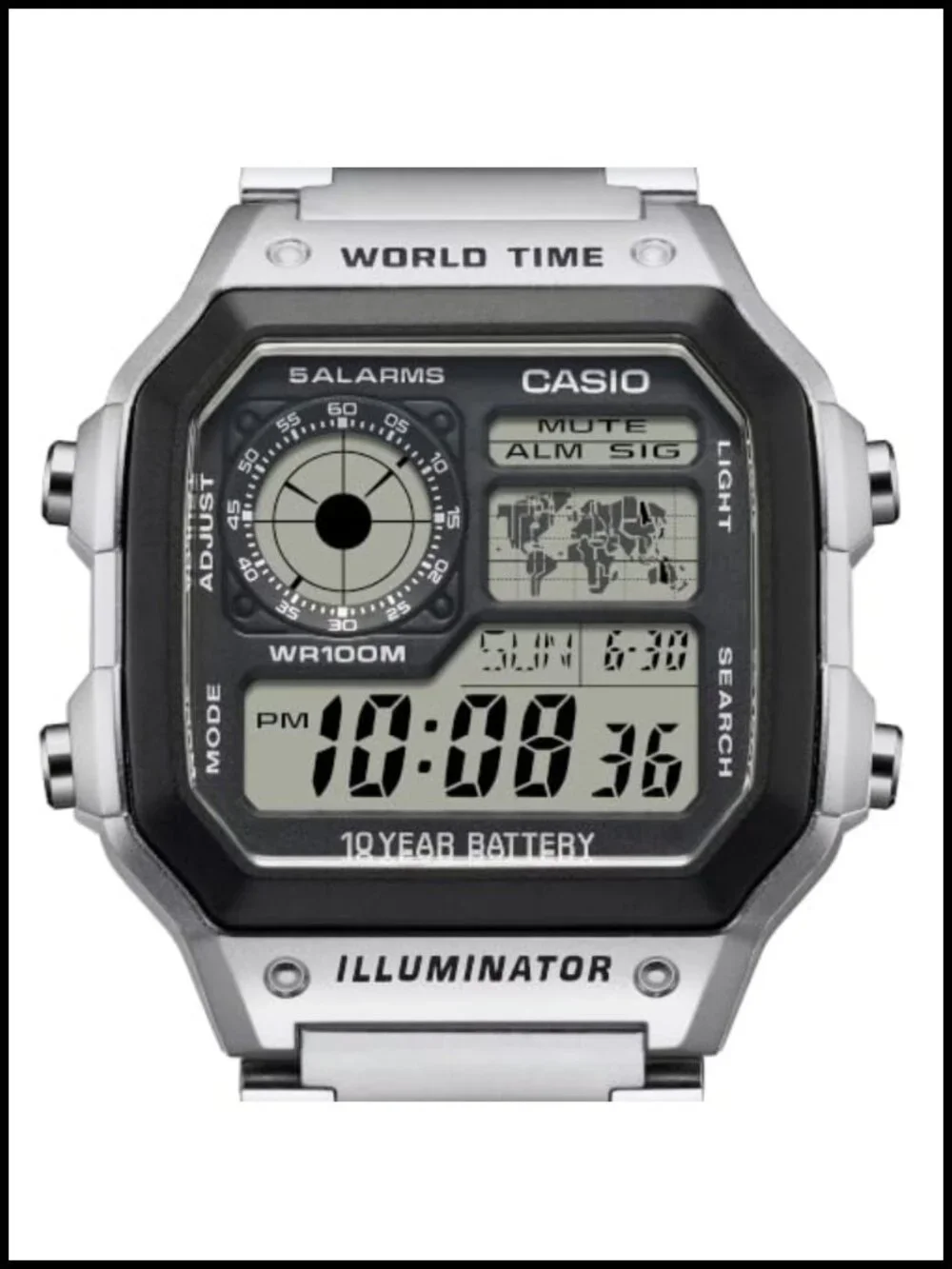 Casio Men's Digital Watch Stainless Steel World Time 100M WR 10 Year Battery